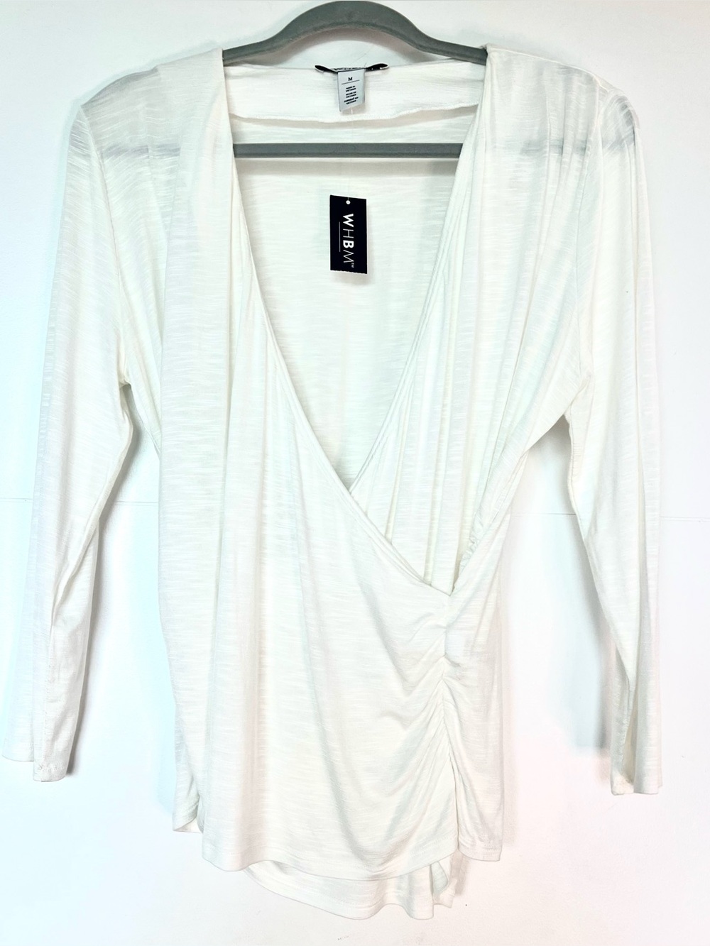 NWT White House Black Market White Long Sleeve Wrap Top Ruched V-Neck Size M